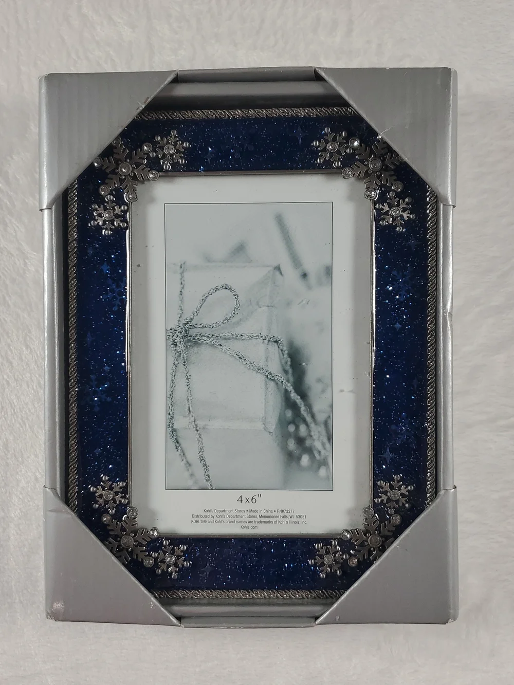 Winter Picture Frame Blue Enamel with Silver Snowflake Metal 4x6 in Photo NEW